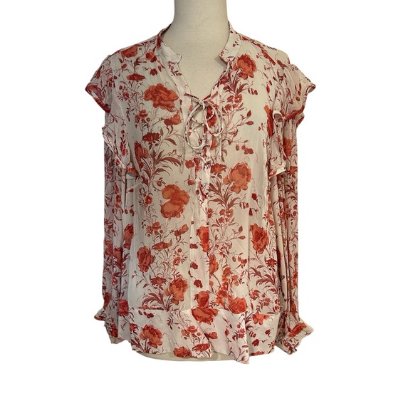 Anthropologie MAEVE floral blouse Ruffle balloon sleeve sz 1X Semi Sheer Tie - Picture 2 of 6